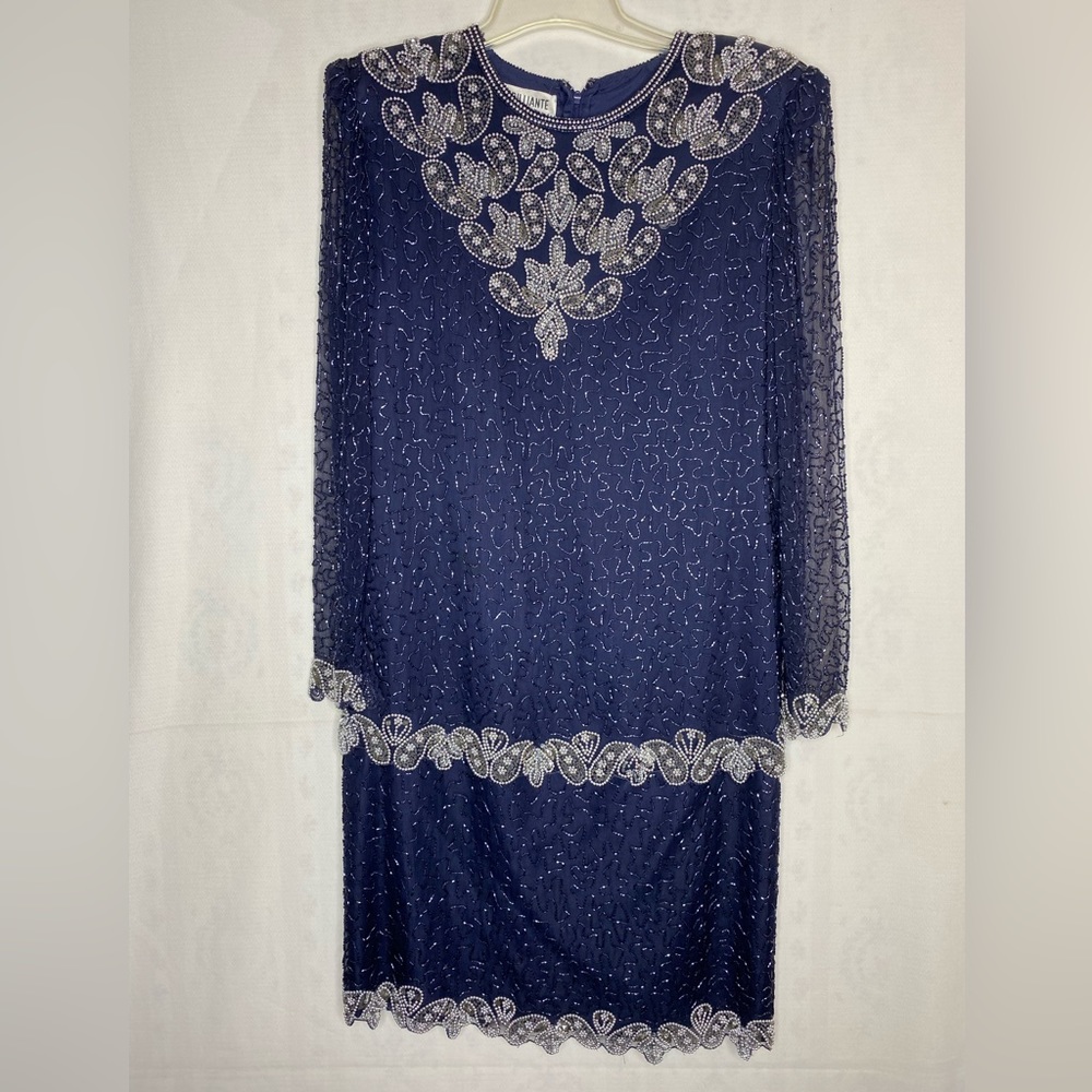 Vintage Brilliante Navy blue/black Ornamental Silk Dress size L